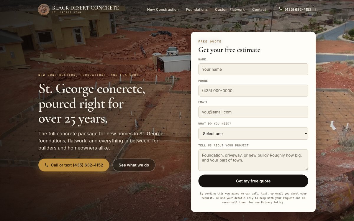 The top of the Black Desert Concrete home page