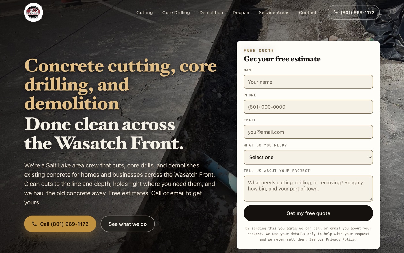 Neil's Concrete Cutting website, Salt Lake City Utah