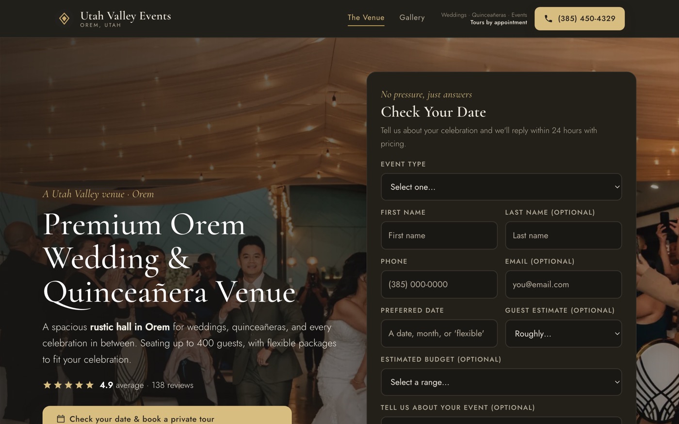Utah Valley Events wedding and quinceanera venue website, Orem Utah